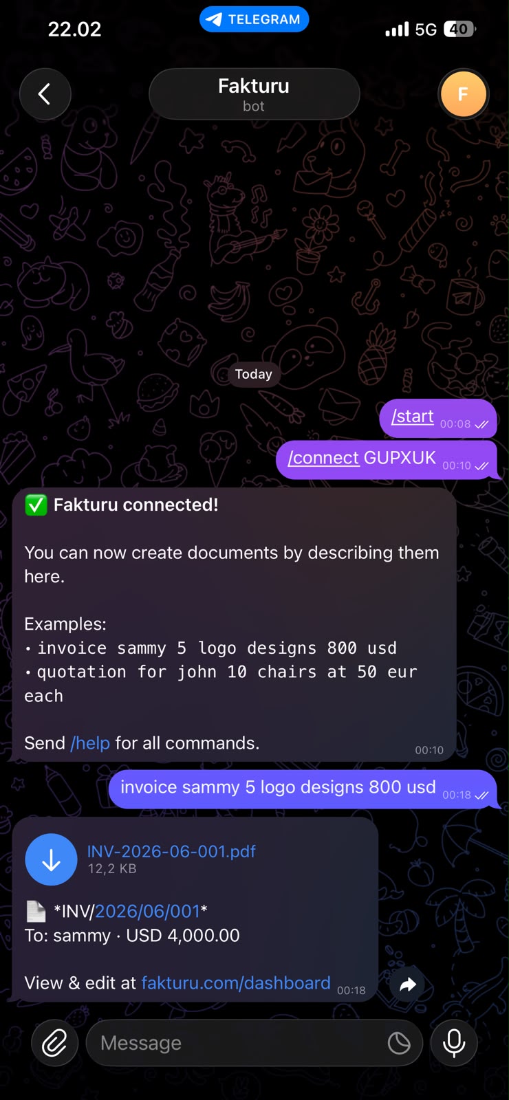 Fakturu Telegram bot in action